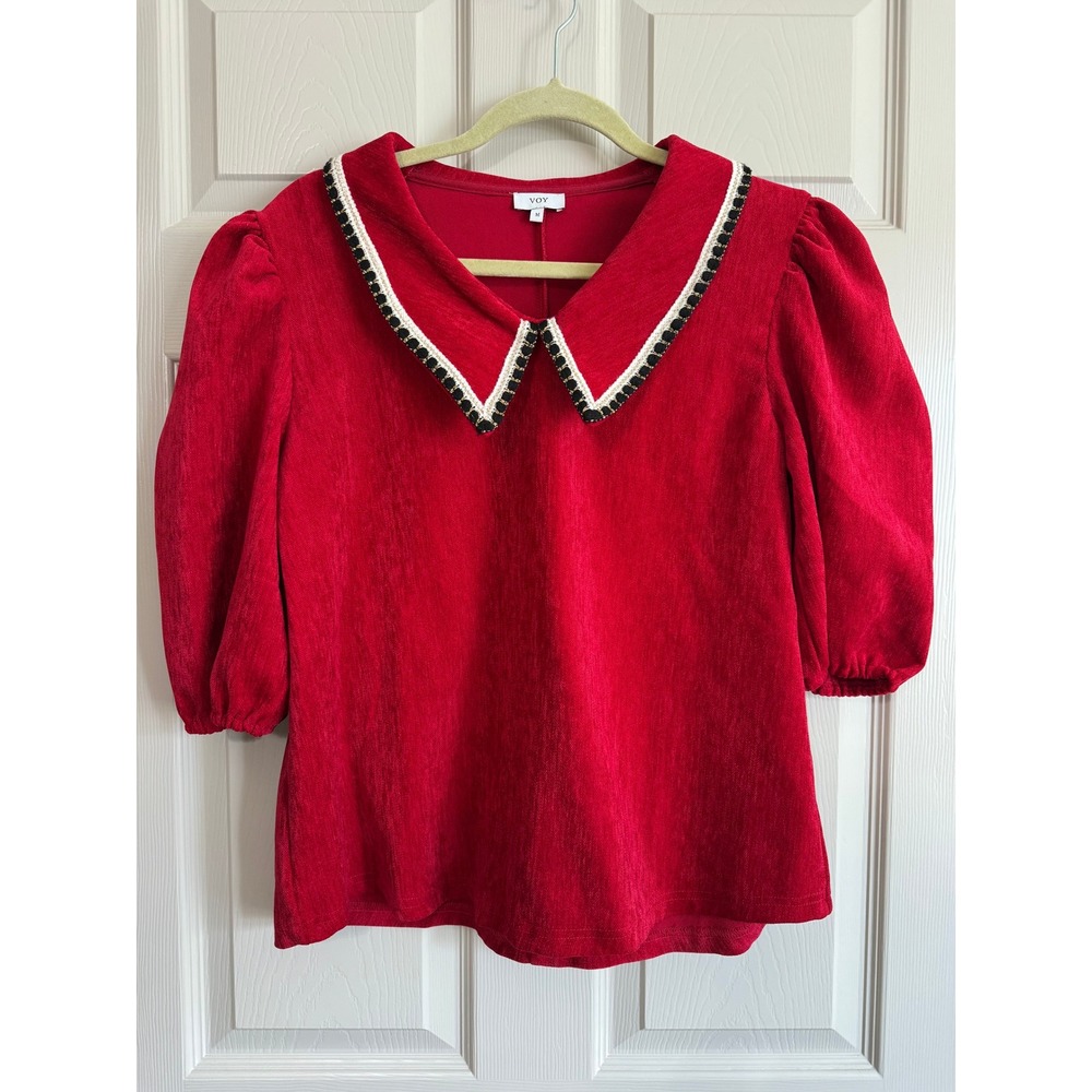 VOY Top Womens M Red Peter Pan Collar Puff Sleeve Mod Retro Textured Blouse